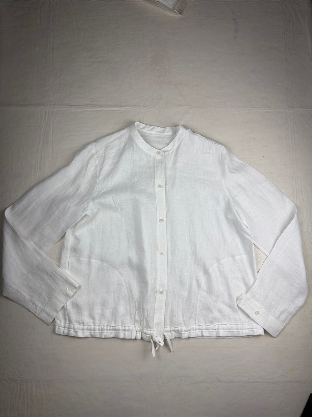 Theory White Minitmie Fine Linen Drawstring Band Collar Blouse Top Shirt